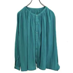 ロペピクニックMsize グリーンサテン前後2wayギャザーブラウス金ボタン