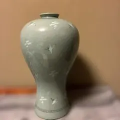 青緑色 鶴模様 陶器 花瓶