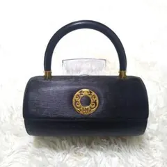 ハナエモリ　ハンドバッグ　レザー　ブラック　　黒　ゴールド　フォーマル　筒型