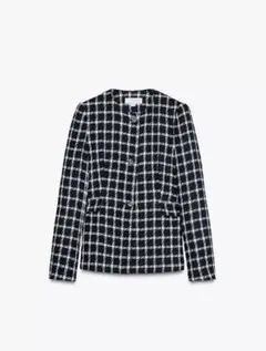 新品　ZARA ノーカラーチェックジャケット ネイビー　新品未着用　タグ付き