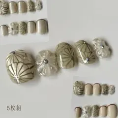 現品販売グリーン和柄ぷっくりフラワーネイルチップ5枚組緑振袖成人式お呼ばれ結婚式
