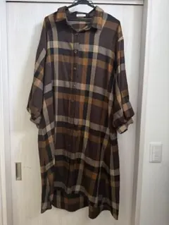 ブラウン チェック 長袖　シャツワンピース