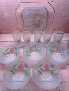 友禅ガラス　花柄食器セット　グラス5点　八角プレート1点　フルーツボール5点