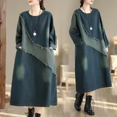 デニムワンピース 長袖 レディース ロングワンピース 切り替え 大きいサイズ