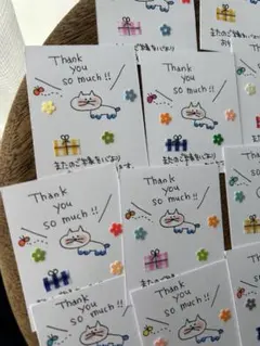 手書きサンキューカード「猫とお花とギンガムチェック」　サンクスカード　メッセージ