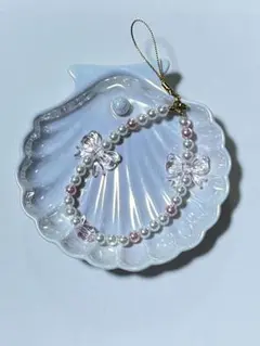 推し活ピンク系ハンドストラップ8mmパール×ダブルリボン　桃色系ストラップ