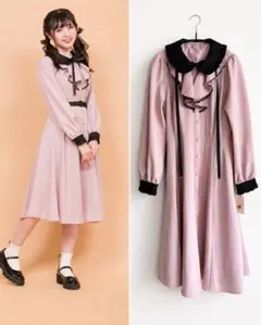 新品タグ付♡シークレットハニー ラッフル長袖ロングシャツワンピース 黒ベルト付のサムネイル