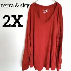 1点もの✨terra & sky 【2X】 レッド 長袖 カットソー Vネック