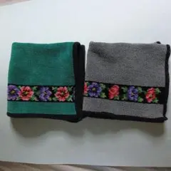 フェイラー花柄刺繍ハンカチ 緑色と灰色大判2枚セット