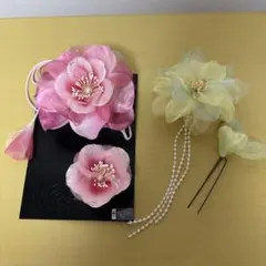 髪飾り 4点セット ピンク イエロー 花 パール