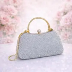 ラインストーン持ち手 がま口バッグ シルバー 2way 結婚式 二次会