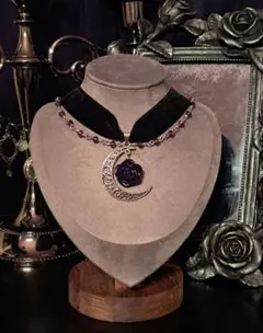 チョーカー ネックレス 月 ベロア リボン 薔薇 ダークパープル ゴシック