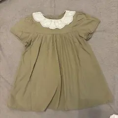韓国子供服　キッズ 半袖ワンピース 刺繍襟 カーキ