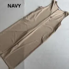 【ネイビー】オールインワン　Vネック　ストレッチ　伸縮性あり　楽ちん　無地（F）