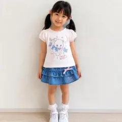 メゾピアノ 110cm ピンク 猫モチーフTシャツ 刺繍 ラインストーンレース袖のサムネイル