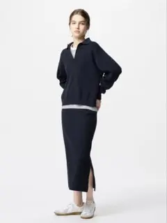 【ユニクロ UNIQLO】スムースコットンブレンドスカート　ネイビー　M