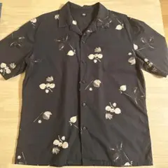 UNIQLO オープンカラーシャツ 半袖 リーフ柄 黒 M ブラックのサムネイル