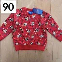 新品　ミッキー トレーナー 総柄　長袖　クリスマス　赤　90