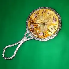 値下❗　押し花デザイン 手鏡 約12cm レトロ　アンバー　帯の間にのサムネイル