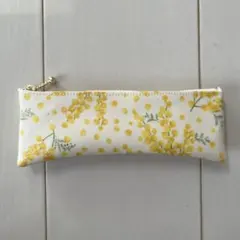 ペンケース スリムポーチ ラミネート ミモザ 花柄 黄色 ハンドメイド