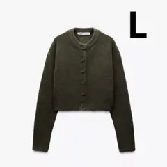 ZARA/ザラ/クロップド丈カーディガン　スリット入り/L/オリーブグリーン
