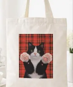 猫バッグ　だっこハチワレ　赤チェック　新品　丈夫　トート　オリジナル品
