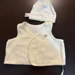 ミキハウス　ベビーベスト 黄色 クマ刺繍 帽子付き