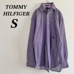 トミーヒルフィガー 長袖シャツ S 紫ギンガムチェック 刺繍ロゴ 古着 美品のサムネイル