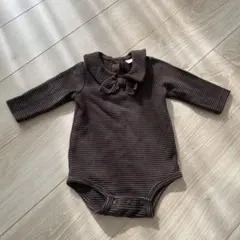 petit main ブラウンストライプ 襟付きロンパース