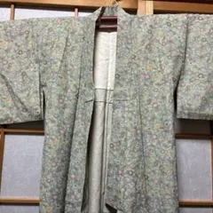 水色花柄小紋 着物、ウール、新品美品、指差し針穴有りホーム着、レッスンリメイク版