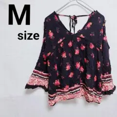 レディース M 花柄 Vネック ブラウス トップス ブラック レッド レース