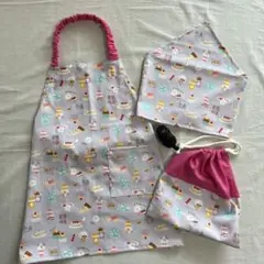 子供用エプロン　三角巾　袋　セット　スウィーツ柄　ハンドメイド　110前後