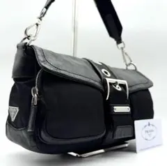 ✨極希少・美品✨プラダ ショルダーバッグ 三角ロゴ ベルト ナイロン レザー 黒