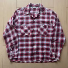 50's オープンカラーシャツ　コットン　黒赤白　オンブレ　シャドーチェック　M