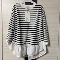 M 七分袖　裾フレア　ボーダーTシャツ　リンネル