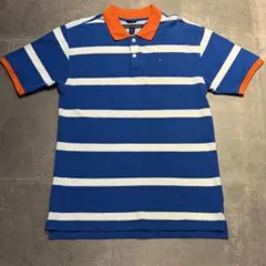 Tommy Hilfiger ポロシャツ 青白ストライプ 襟袖口オレンジ XL