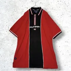 POLO SPORT 半袖ポロシャツ ハーフジップ 90s 刺繍 ロゴ赤黒 M