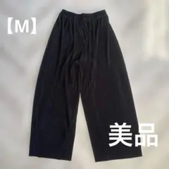 美品✨ブラック ストライプ ワイドパンツ 【M】黒ストレッチ　ウエストゴム　定番
