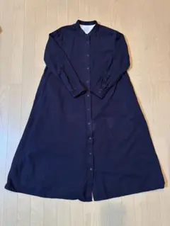 無印良品　両面起毛フランネル　スタンドカラー長袖ワンピース　ダークネイビー　S