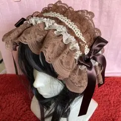 【ブラウン×オフホワイト】ハーフボンネット風ヘッドドレス【手作り】