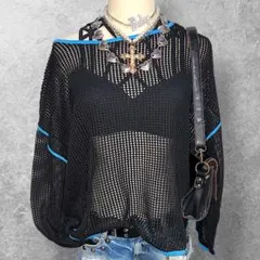 00s Y2K メッシュニット 黒×青 透かし編み 平成ギャル グランジ 長袖