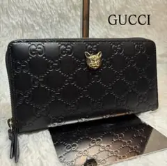空豆＊様専用 グッチ 財布 リネアキャット GG柄 シマ レザー 猫 黒