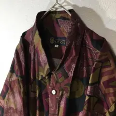 【個性派古着】日本製　長袖総柄デザインシャツ　ペイズリー柄　アジアン風　3 L