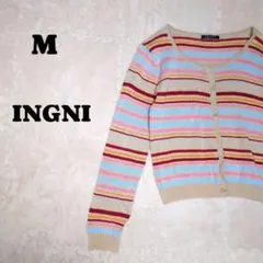 イング　ストライブ柄　長袖　カーディガン　ベージュ　M