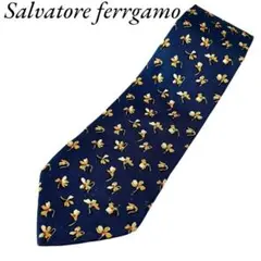 フェラガモ　ネクタイ　メンズ　ネイビー　花柄　総柄　レトロ