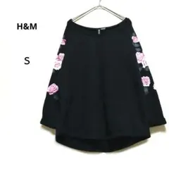 エイチ&M S 黒 バラプリント 七分袖ロールアップカットソー ラグランスリーブ