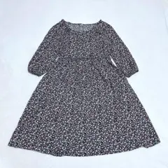 花柄ワンピース(S)フレア　ウエストリボン　キーネック　フェミニン　レトロ可愛い