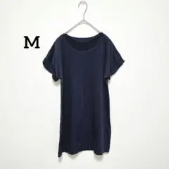 半袖チュニックTシャツ　ネイビー　M　ラウンドネック　丈長トップス　古着　694
