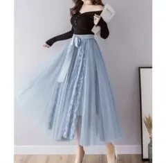 ライトブルー プリーツスカート フリーサイズ　チュールスカート　レース　リボン