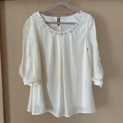 INGNI　レース五分袖ブラウス　ビジュー装飾　リボン　白